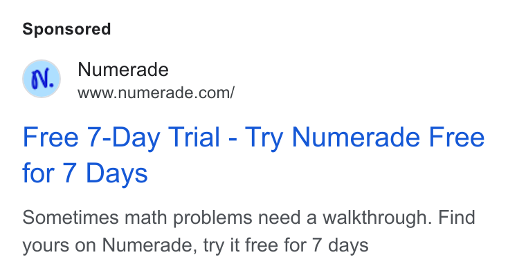 Numerade ad on Google Ads: Free 7-Day Trial - Try Numerade Free for 7 Days Sometimes math problems need a walkthrough. Find yours on Numerade, try it free for 7 days