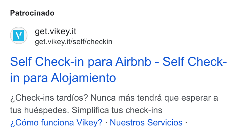 Vikey ad on Google Ads: get.vikey.it/self/checkin Self Check-in para Airbnb - Self Check- in para Alojamiento Check-ins tardios? Nunca mas tendra que esperar a tus huéspedes. Simplifica tus check-ins Como funciona Vikey? - Nuestros Servicios -