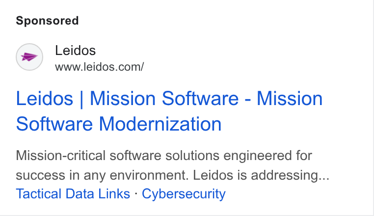 Leidos ad on Google Ads: Leidos | Mission Software - Mission Software Modernization Mission-critical software solutions engineered for success in any environment. Leidos is addressing... Tactical Data Links - Cybersecurity