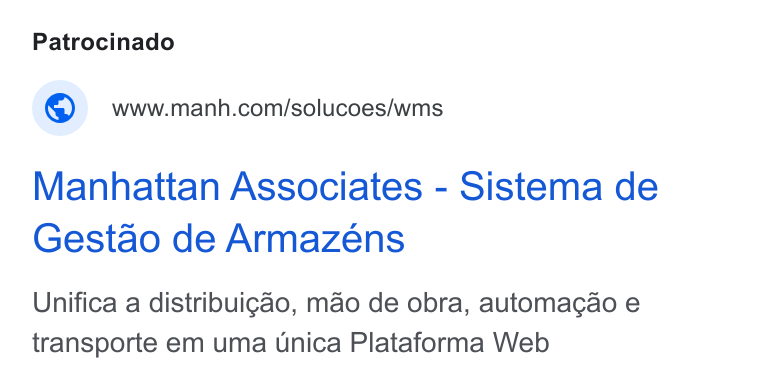 Manhattan Associates ad on Google Ads: Manhattan Associates - Sistema de Gestao de Armazeéns Unifica a distribuigao, mao de obra, automacao e transporte em uma Unica Plataforma Web