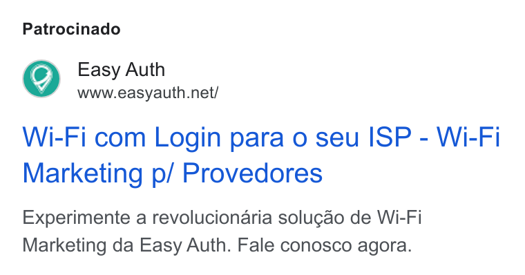 Easy Auth ad on Google Ads: Patrocinado Wi-Fi com Login para o seu ISP - Wi-Fi Marketing p/ Provedores Experimente a revolucionaria solugao de Wi-Fi Marketing da Easy Auth. Fale conosco agora.
