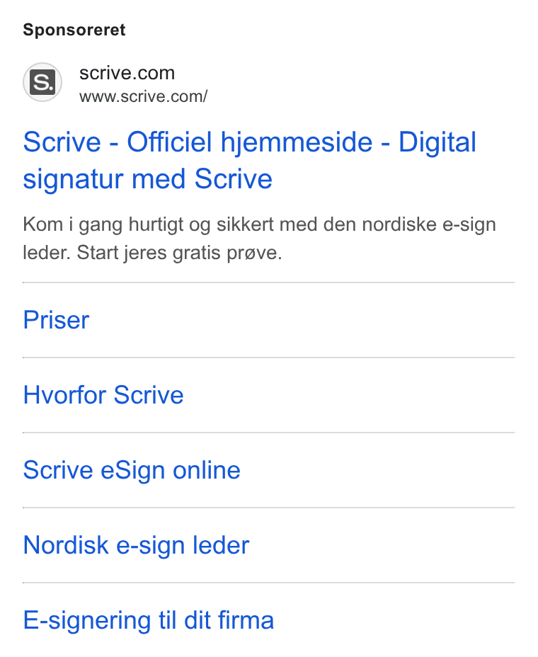 Scrive ad on Google Ads: www.scrive.com/ Scrive - Officiel hjemmeside - Digital signatur med Scrive Kom i gang hurtigt og sikkert med den nordiske e-sign leder. Start jeres gratis prove. Priser Hvorfor Scrive Scrive e Sign online Nordisk e-sign leder E-signering til dit firma