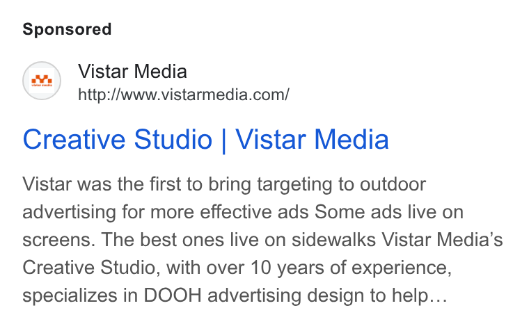 Vistar Media ad on Google Ads: Creative Studio | Vistar Media Vistar was the first to bring targeting to outdoor advertising for more effective ads Some ads live on screens. The best ones live on sidewalks Vistar Media’s Creative Studio, with over 10 years of experience, specializes in DOOH advertising design to help...