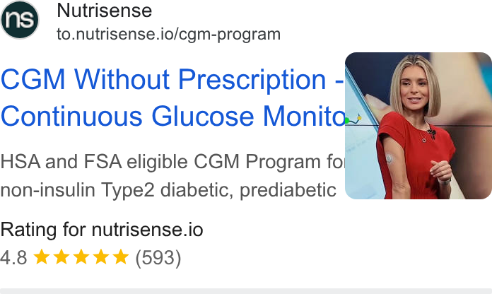 Nutrisense ad on Google Ads: Nutrisense to.nutrisense.io/cgm-program CGM Without Prescription - Continuous Glucose Monito. HSA and FSA eligible CGM Program fo non-insulin Type2 diabetic, prediabetic Rating for nutrisense.io 4.8 & kkk & (593)