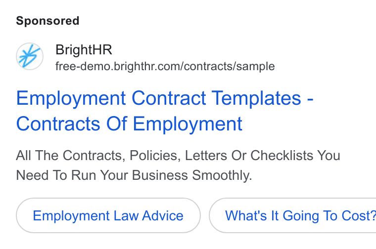 BrightHR ad on Google Ads: Employment Contract Templates - Contracts Of Employment All The Contracts, Policies, Letters Or Checklists You Need To Run Your Business Smoothly. Employment Law Advice } { What's It Going To Cost?