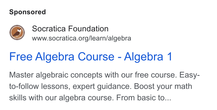 Bloomerang ad on Google Ads: Free Algebra Course - Algebra 1 Master algebraic concepts with our free course. Easy- to-follow lessons, expert guidance. Boost your math skills with our algebra course. From basic to...