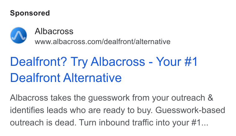 Albacross ad on Google Ads: Dealfront? Try Albacross - Your #1 Dealfront Alternative Albacross takes the guesswork from your outreach & identifies leads who are ready to buy. Guesswork-based outreach is dead. Turn inbound traffic into your #1...
