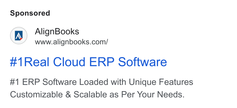 AlignBooks ad on Google Ads: #1Real Cloud ERP Software #1 ERP Software Loaded with Unique Features Customizable & Scalable as Per Your Needs.