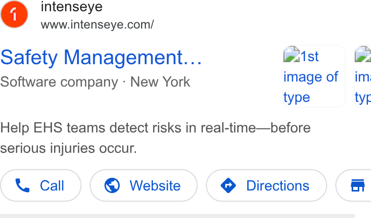 Intenseye ad on Google Ads: Safety Management... Bist &: image of im type _ tyr Help EHS teams detect risks in real-time—before serious injuries occur. Call © Website ( i Software company - New York