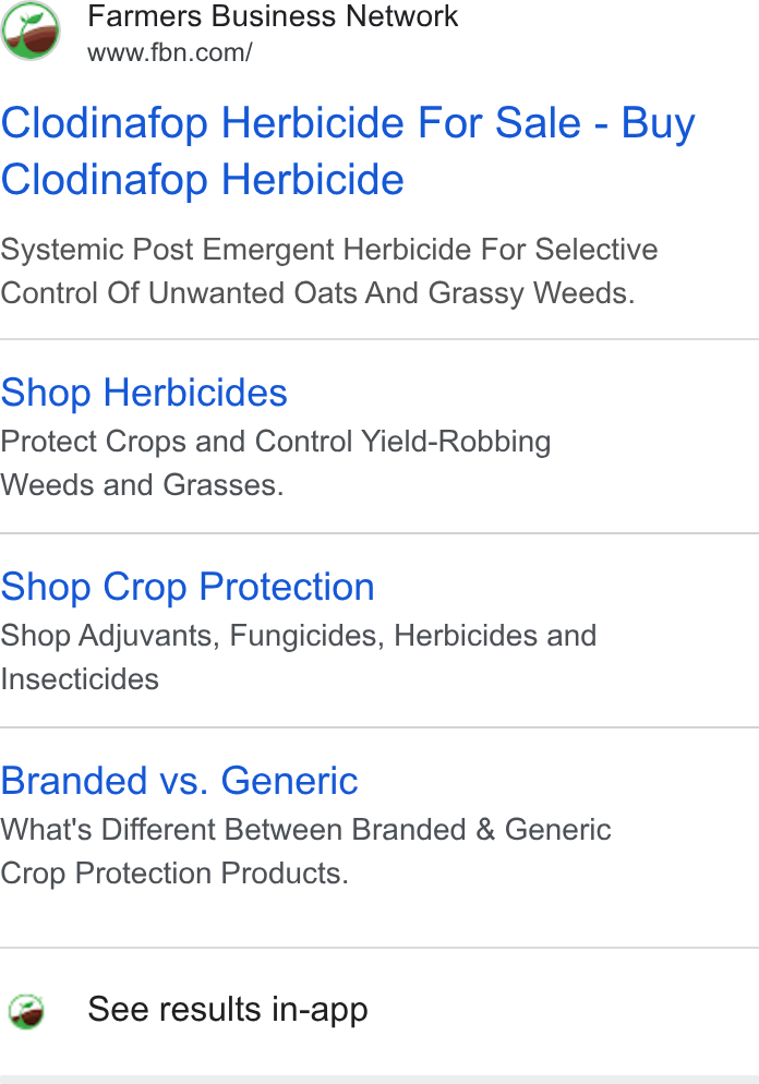 Farmer's Business Network ad on Google Ads: Clodinafop Herbicide For Sale - Buy Clodinafop Herbicide Systemic Post Emergent Herbicide For Selective Control Of Unwanted Oats And Grassy Weeds. Shop Herbicides Protect Crops and Control Yield-Robbing Weeds and Grasses. Shop Crop Protection Shop Adjuvants, Fungicides, Herbicides and Insecticides Branded vs. Generic What's Different Between Branded & Generic Crop Protection Products. See results in-app