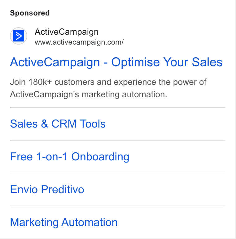 ActiveCampaign ad on Google Ads: Active Campaign - Optimise Your Sales Join 180k+ customers and experience the power of Active Campaign’s marketing automation. Sales & CRM Tools Free 1-on-1 Onboarding Envio Preditivo Marketing Automation