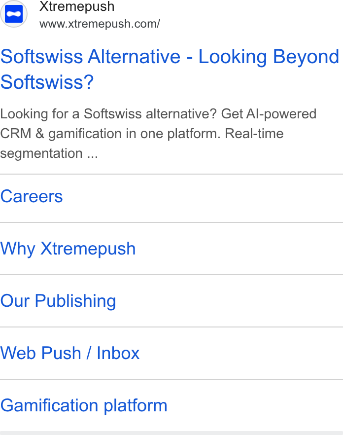 Xtremepush ad on Google Ads: Softswiss Alternative - Looking Beyond Softswiss? Looking for a Softswiss alternative? Get Al-powered CRM & gamification in one platform. Real-time segmentation ... Careers Why Xtremepush Our Publishing Web Push / Inbox Gamification platform
