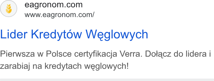 eAgronom ad on Google Ads: www.eagronom.com/ Lider Kredytow Weglowych Pierwsza w Polsce certyfikacja Verra. Dotacz do lidera | Zarabiaj na kredytach weglowych!