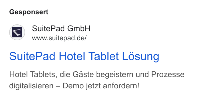 SuitePad ad on Google Ads: Gesponsert Suite Pad Hotel Tablet Losung Hotel Tablets, die Gaste begeistern und Prozesse digitalisieren — Demo jetzt anfordern!