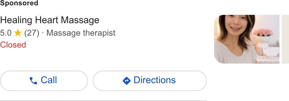 Fresha ad on Google Ads: Healing Heart Massage 5.0 %& (27) - Massage therapist Closed