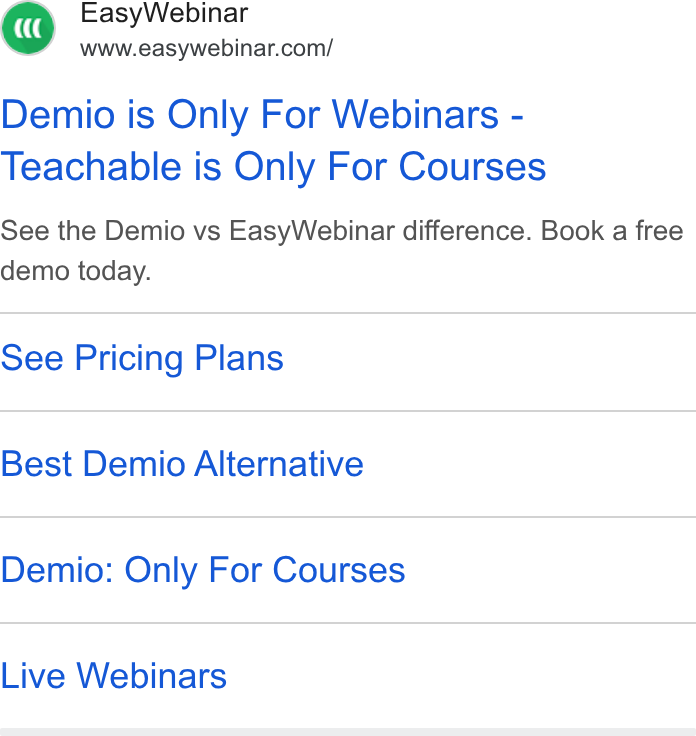 EasyWebinar ad on Google Ads: Demio is Only For Webinars - Teachable is Only For Courses See the Demio vs Easy Webinar difference. Book a free demo today. See Pricing Plans Best Demio Alternative Demio: Only For Courses Live Webinars