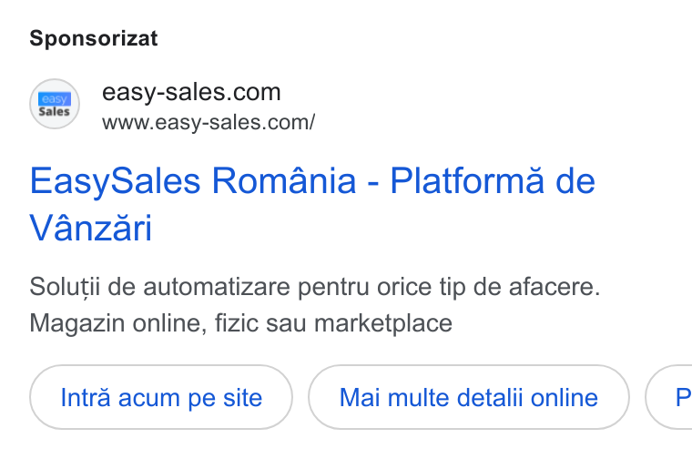 easySales Global ad on Google Ads: www.easy-sales.com/ Easy Sales Romania - Platforma de Vanzari Solutii de automatizare pentru orice tip de afacere. Magazin online, fizic sau marketplace Intra acum pe site Mai multe detalii online }) { P