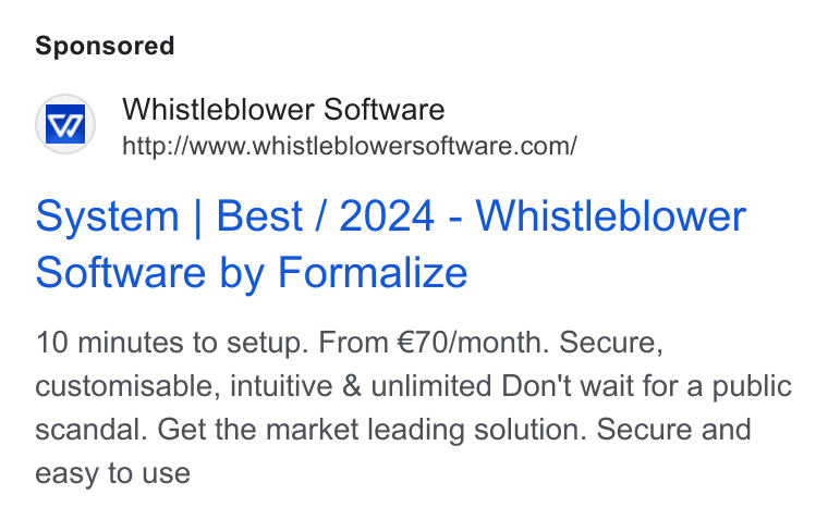 Formalize ad on Google Ads: System | Best / 2024 - Whistleblower Software by Formalize 10 minutes to setup. From €70/month. Secure, customisable, intuitive & unlimited Don't wait for a public scandal. Get the market leading solution. Secure and easy to use