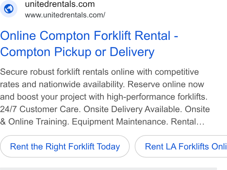 United Rentals ad on Google Ads: www.unitedrentals.com/ Online Compton Forklift Rental - Compton Pickup or Delivery Secure robust forklift rentals online with competitive rates and nationwide availability. Reserve online now and boost your project with high-performance forklifts. 24/7 Customer Care. Onsite Delivery Available. Onsite Online Training. Equipment Maintenance. Rental... Rent the Right Forklift Today } ( Rent LA Forklifts Onli