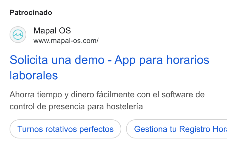 Mapal Group ad on Google Ads: Patrocinado Solicita una demo - App para horarios laborales Ahorra tiempo y dinero facilmente con el software de control de presencia para hosteleria Turnos rotativos perfectos } ( Gestiona tu Registro Hor