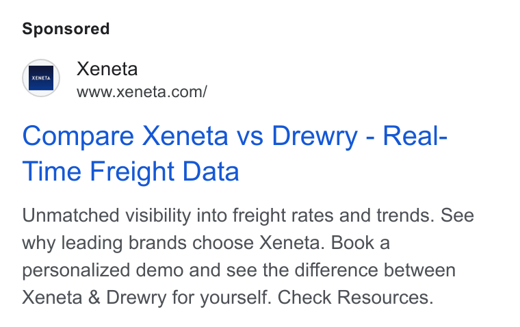 Xeneta ad on Google Ads: Compare Xeneta vs Drewry - Real- Time Freight Data Unmatched visibility into freight rates and trends. See why leading brands choose Xeneta. Book a personalized demo and see the difference between Xeneta & Drewry for yourself. Check Resources.