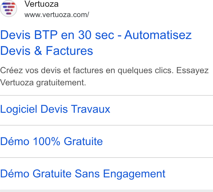 Vertuoza ad on Google Ads: Devis BTP en 30 sec - Automatisez Devis & Factures Créez vos devis et factures en quelques clics. Essayez Vertuoza gratuitement. Logiciel Devis Travaux Démo 100% Gratuite Démo Gratuite Sans Engagement
