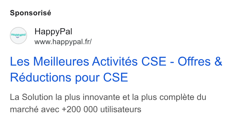 HappyPal ad on Google Ads: Sponsorisé Les Meilleures Activités CSE - Offres & Reductions pour CSE La Solution la plus innovante et la plus compléte du marche avec +200 000 utilisateurs