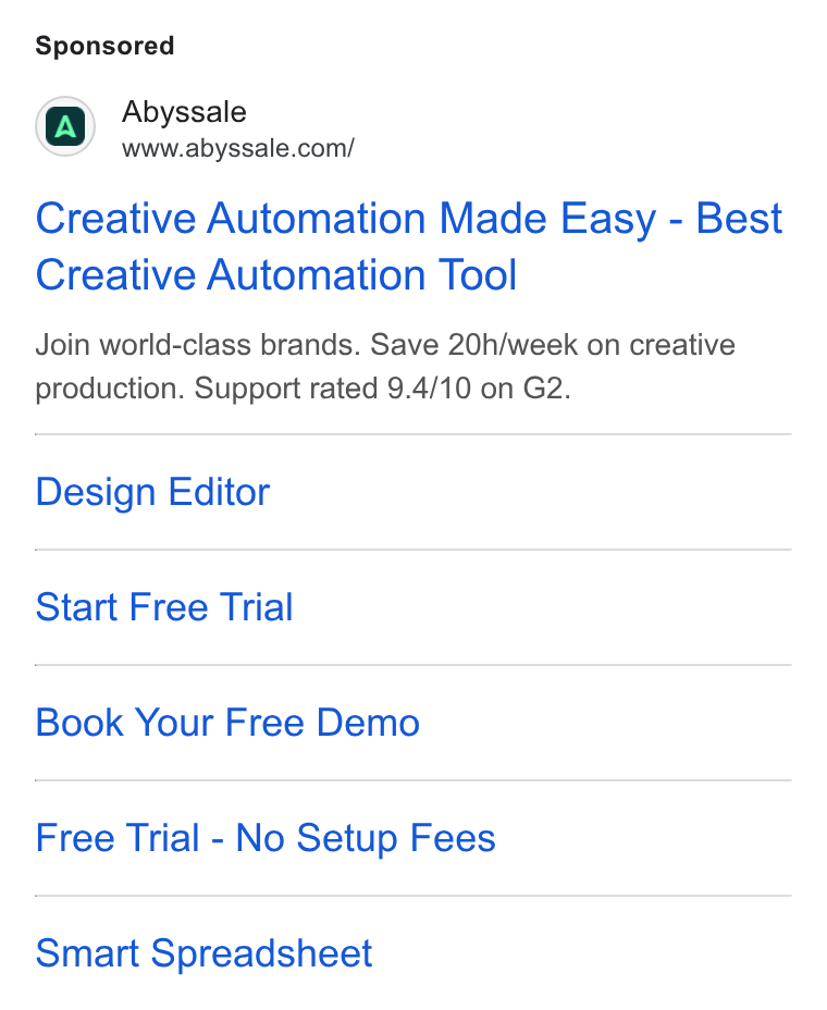Abyssale ad on Google Ads: Creative Automation Made Easy - Best Creative Automation Tool Join world-class brands. Save 20h/week on creative production. Support rated 9.4/10 on G2. Design Editor Start Free Trial Book Your Free Demo Free Trial - No Setup Fees Smart Spreadsheet