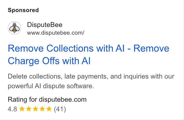 DisputeBee ad on Google Ads: Remove Collections with Al - Remove Charge Offs with Al Delete collections, late payments, and inquiries with our powerful Al dispute software. Rating for disputebee.com 4.8 KKK K (41)