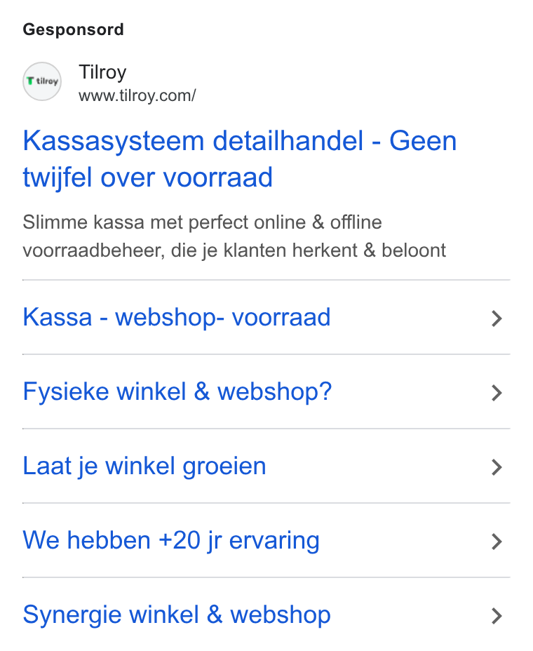 Tilroy ad on Google Ads: Gesponsord Kassasysteem detailhandel - Geen twijfel over voorraad Slimme kassa met perfect online & offline voorraadbeheer, die je klanten herkent & beloont Kassa - webshop- voorraad Fysieke winkel & webshop? Laat je winkel groeien We hebben +20 jr ervaring Synergie winkel & webshop