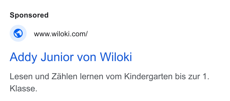 WILOKI ad on Google Ads: Addy Junior von Wiloki Lesen und Zahlen lernen vom Kindergarten bis zur 1. Klasse.