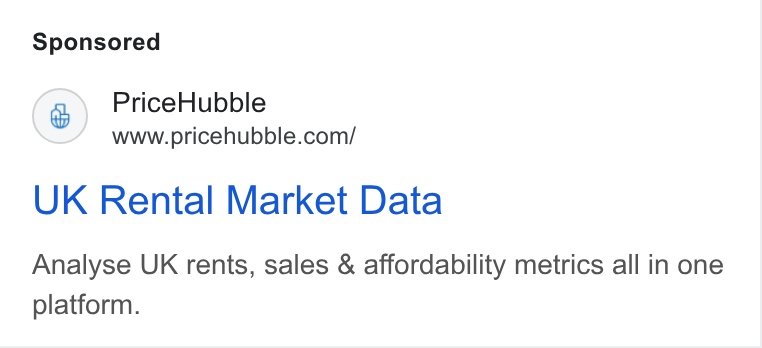 PriceHubble ad on Google Ads: UK Rental Market Data Analyse UK rents, sales & affordability metrics all in one platform.