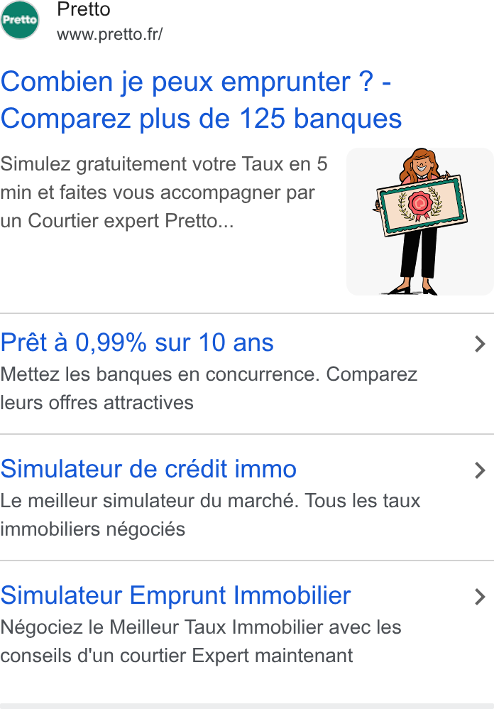 Pretto ad on Google Ads: Combien je peux emprunter ? - Comparez plus de 125 banques Simulez gratuitement votre Taux en 5 min et faites vous accompagner par un Courtier expert Pretto... Prét a 0,99% sur 10 ans > Mettez les banques en concurrence. Comparez leurs offres attractives Simulateur de crédit immo > Le meilleur simulateur du marché. Tous les taux immobiliers négociés Simulateur Emprunt Immobilier > Négociez le Meilleur Taux Immobilier avec les conseils d'un courtier Expert maintenant