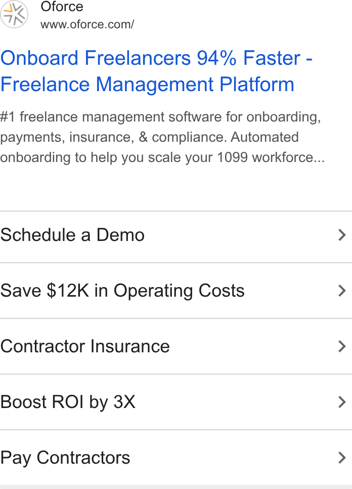 Openforce ad on Google Ads: Onboard Freelancers 94% Faster - Freelance Management Platform #1 freelance management software for onboarding, payments, insurance, & compliance. Automated onboarding to help you scale your 1099 workforce... Schedule a Demo > Save $12K in Operating Costs > Contractor Insurance > Boost ROI by 3X > Pay Contractors >