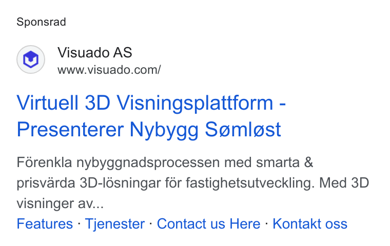 Visuado ad on Google Ads: Sponsrad Virtuell 3D Visningsplattform - Presenterer Nybygg Semigst Férenkla nybyggnadsprocessen med smarta & prisvarda 3D-lésningar for fastighetsutveckling. Med 3D visninger av... Features - Tjenester - Contact us Here - Kontakt oss