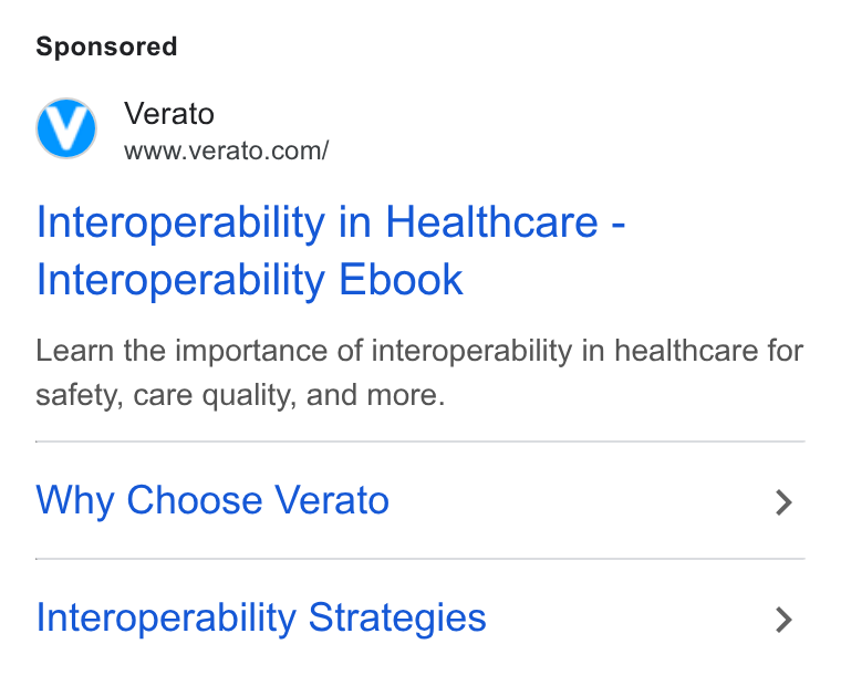 Verato ad on Google Ads: Interoperability in Healthcare - Interoperability Ebook Learn the importance of interoperability in healthcare for safety, care quality, and more. Why Choose Verato > Interoperability Strategies >