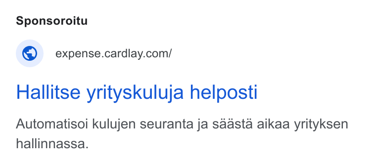 Cardlay ad on Google Ads: Hallitse yrityskuluja helposti Automatisoi kulujen seuranta ja saasta aikaa yrityksen hallinnassa.