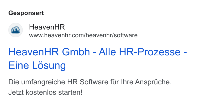 HeavenHR ad on Google Ads: Gesponsert Heaven HR Gmbh - Alle HR-Prozesse - Eine Losung Die umfangreiche HR Software fur Ihre Anspriche. Jetzt kostenlos starten!