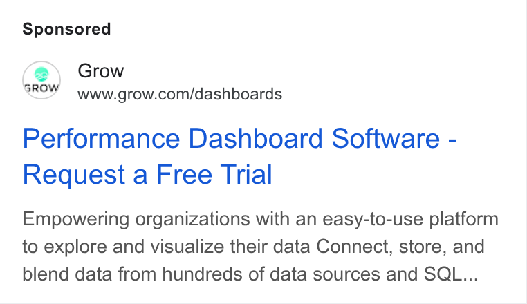 Grow.com ad on Google Ads: Performance Dashboard Software - Request a Free Trial Empowering organizations with an easy-to-use platform to explore and visualize their data Connect, store, and blend data from hundreds of data sources and SQL...