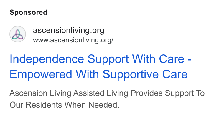 Roobrik ad on Google Ads: www.ascensionliving.org/ Independence Support With Care - Empowered With Supportive Care Ascension Living Assisted Living Provides Support To Our Residents When Needed.