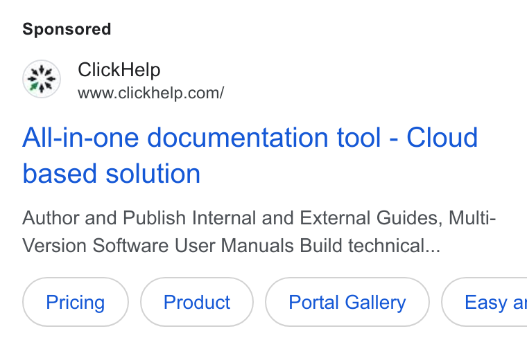 ClickHelp ad on Google Ads: All-in-one documentation tool - Cloud based solution Author and Publish Internal and External Guides, Multi- Version Software User Manuals Build technical... Portal Gallery }) ( Easyai