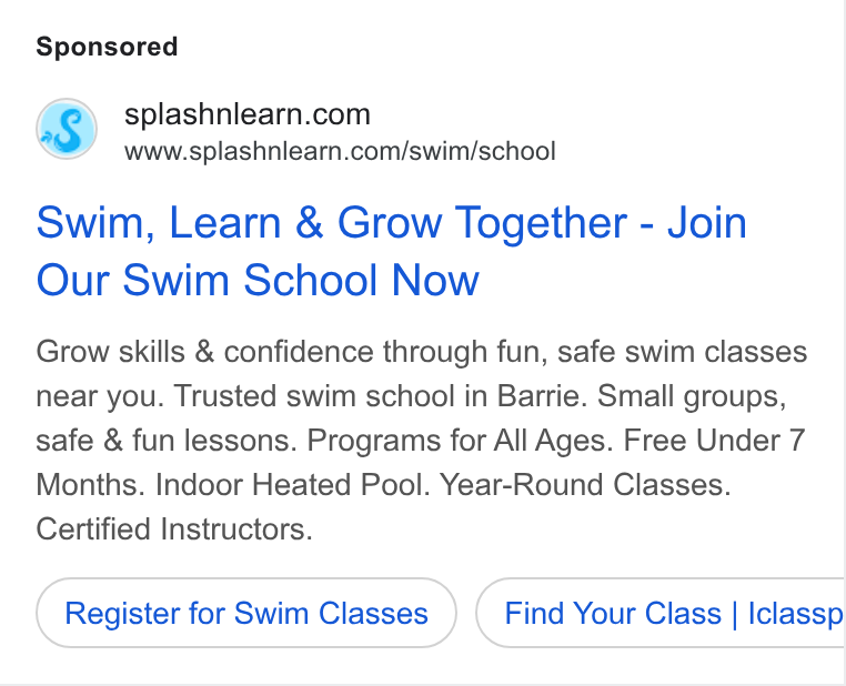 iClassPro ad on Google Ads: www.splashnlearn.com/swim/school Swim, Learn & Grow Together - Join Our Swim School Now Grow skills & confidence through fun, safe swim classes near you. Trusted swim school in Barrie. Small groups, safe & fun lessons. Programs for All Ages. Free Under 7 Months. Indoor Heated Pool. Year-Round Classes. Certified Instructors. Register for Swim Classes Find Your Class | Iclassp: Be