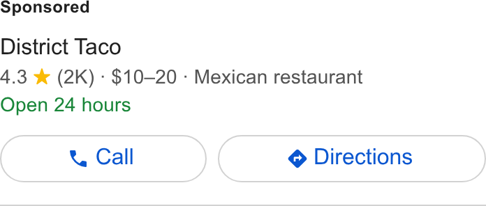Thanx ad on Google Ads: District Taco 4.3 %& (2K) - $10-—20 - Mexican restaurant Open 24 hours