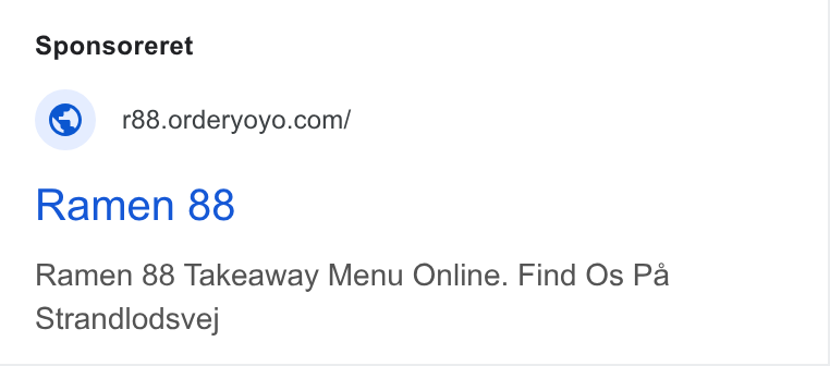 OrderYOYO ad on Google Ads: Ramen 88 Ramen 88 Takeaway Menu Online. Find Os Pa Strandlodsvej