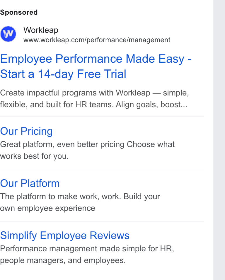 Workleap ad on Google Ads: Employee Performance Made Easy - Start a 14-day Free Trial Create impactful programs with Workleap — simple, flexible, and built for HR teams. Align goals, boost... Our Pricing Great platform, even better pricing Choose what works best for you. Our Platform The platform to make work, work. Build your own employee experience Simplify Employee Reviews Performance management made simple for HR, people managers, and employees.