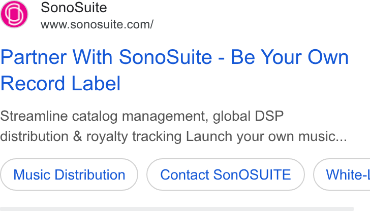 SonoSuite ad on Google Ads: Partner With Sono Suite - Be Your Own Record Label Streamline catalog management, global DSP distribution & royalty tracking Launch your own music... Music Distribution Contact Son OSUITE } ( White-I