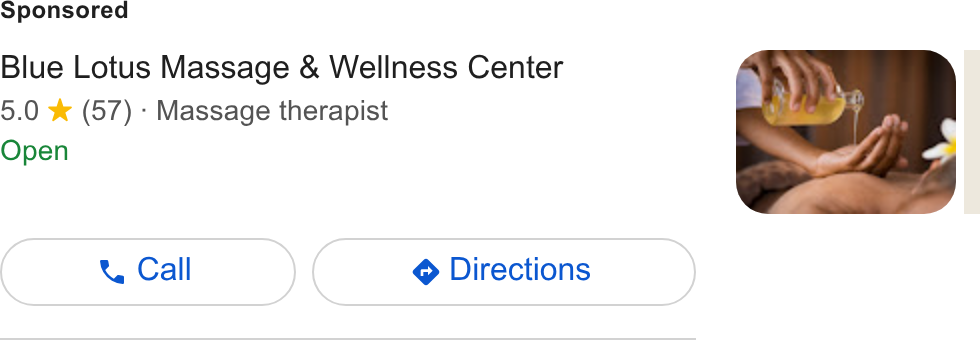 PocketSuite ad on Google Ads: Blue Lotus Massage & Wellness Center 5.0 %& (57) - Massage therapist Open