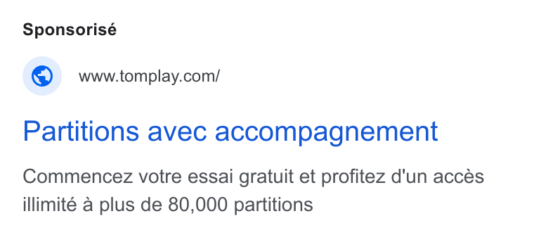 Tomplay ad on Google Ads: Partitions avec accompagnement Commencez votre essai gratuit et profitez d'un acces