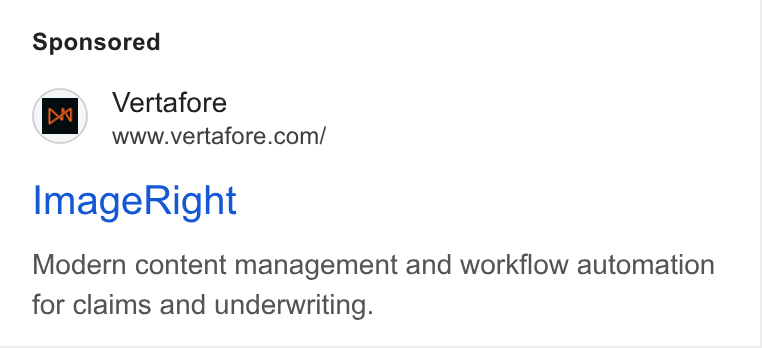 Vertafore ad on Google Ads: lmage Right Modern content management and workflow automation for claims and underwriting.