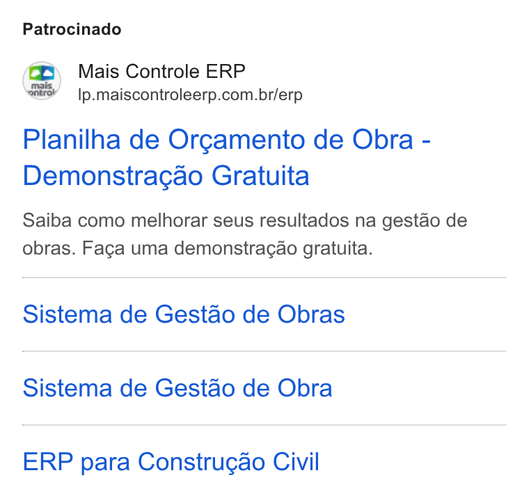 Mais Controle ad on Google Ads: Patrocinado Planilha de Orgamento de Obra - Demonstragao Gratuita Saiba como melhorar seus resultados na gestao de obras. Faga uma demonstra¢ao gratuita. Sistema de Gestao de Obras Sistema de Gestao de Obra ERP para Construc¢ao Civil
